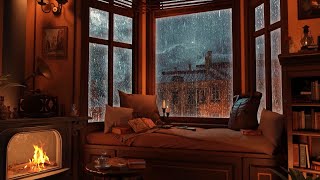 Cozy Reading Nook Ambience - Rain on Window \u0026 Thunder Sounds | Warm Fireplace