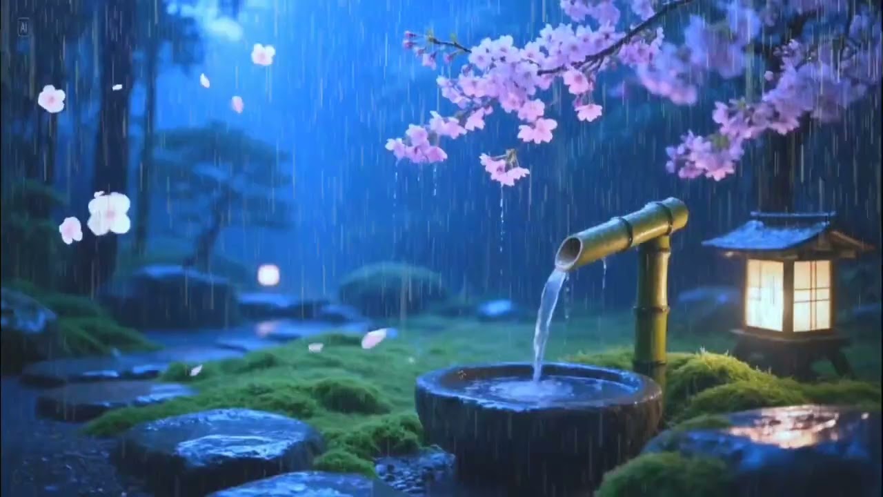 Gentle Midnight Rain and Relaxing Piano in a Zen Garden | Restful Sleep