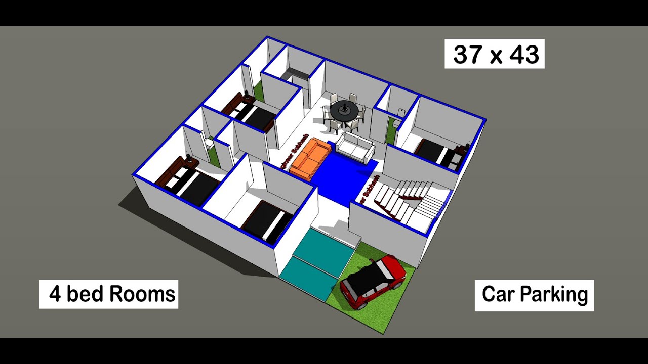 4 bed rooms house plan with car parking II 37 x 43 ghar ka naksha II 37 ...