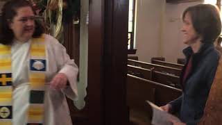 Rev. Meredith Manning Brown greets members of Douglas Avenue UMC after services on Jan. 5