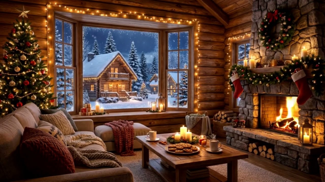 Nieve cayendo tras la ventana y chimenea encendida – Relax navideño