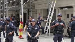 Knicks Fans on Building Ledges, Removed by Cops from Scaffolding near City Hall during Parade 
