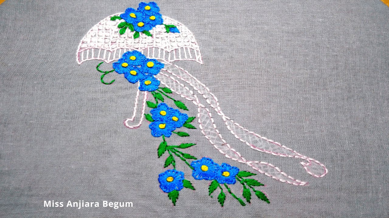 Cute Umbrella Embroidery with flowers:Free Online Hand Embroidery learning class-12: #Miss_A