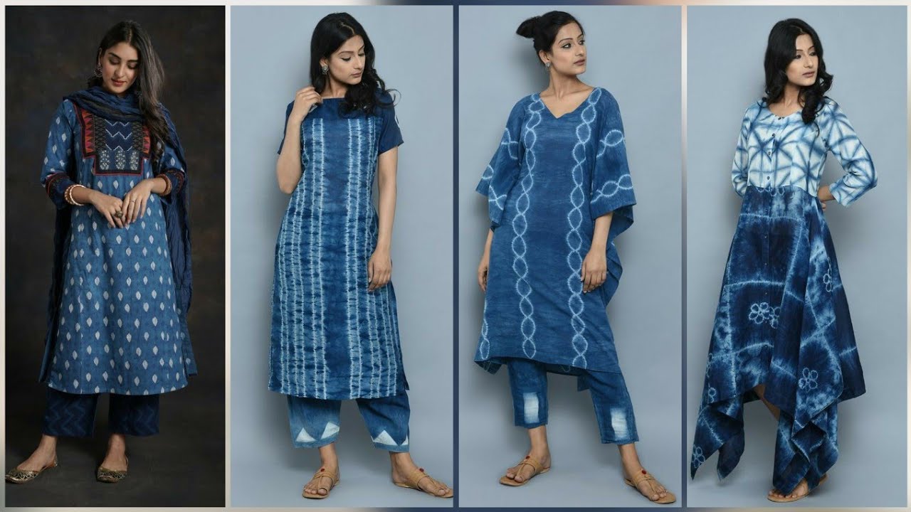 Indigo Hand block printed ethnic long Indian kurta with side tassels a -  KanisaCrafts