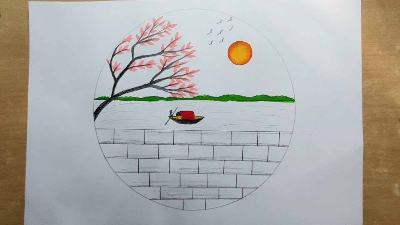 Beautiful scenery drawing in circle | Circle scenery drawing 