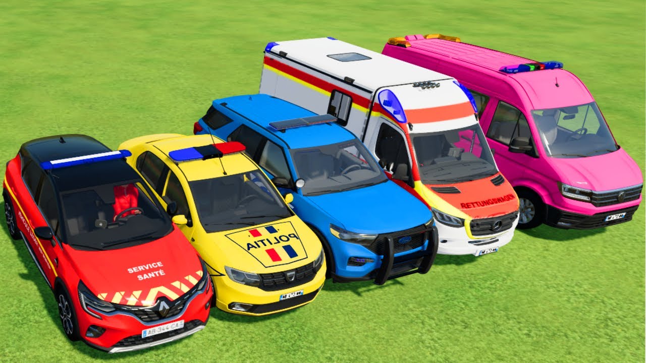 TRANSPORTING POLICE CARS, AMBULANCE, FIRE TRUCK, COLORFUL CARS WITH TRAIN -FARMING SIMULATOR 22!