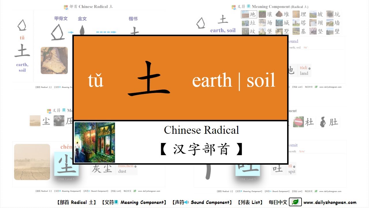 #每日中文 #常用汉字部首 土 /tǔ/ [ land, earth or soil ] 地, 壤, 堆, 埋, 坡, 坑, 垃, 场, 城 ...