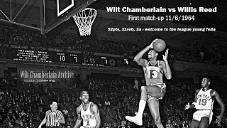 Wilt Chamberlain baptizes rookie Willis Reed with 52 points, 21 rebounds (10/6/1964)