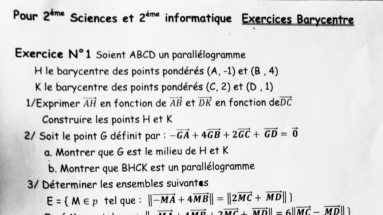 Pour 2ème sciences et informatiques Exercice N1 Barycentre de deux points 