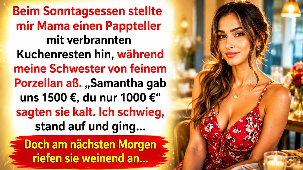 Ich kam zum Sonntagsessen und fand auf meinem Platz einen Pappteller mit angebrannten Kuchenresten, während meine Schwester von feinem Porzellan aß. Meine Mutter sah mich an und sagte: „Sie hat...