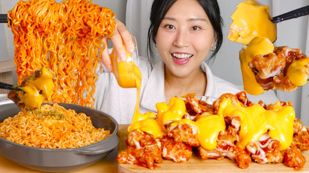 MUKBANG) 슈프림양념치킨 치즈 소스 부어먹기🧀 할라피뇨 불닭볶음면+처갓집 양념치킨 먹방 Korean chicken with cheese sauce asmr eating