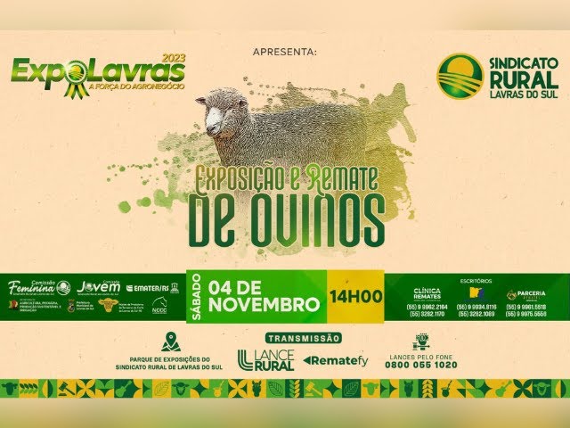AO VIVO: 33º FENOVINOS - REMATE DE OVINOS  Acompanhe ao vivo diretamente  do Parque do Sindicato Rural de Lavras do Sul o 33º Fenovinos - Remate de  ovinos. Fique ligado e