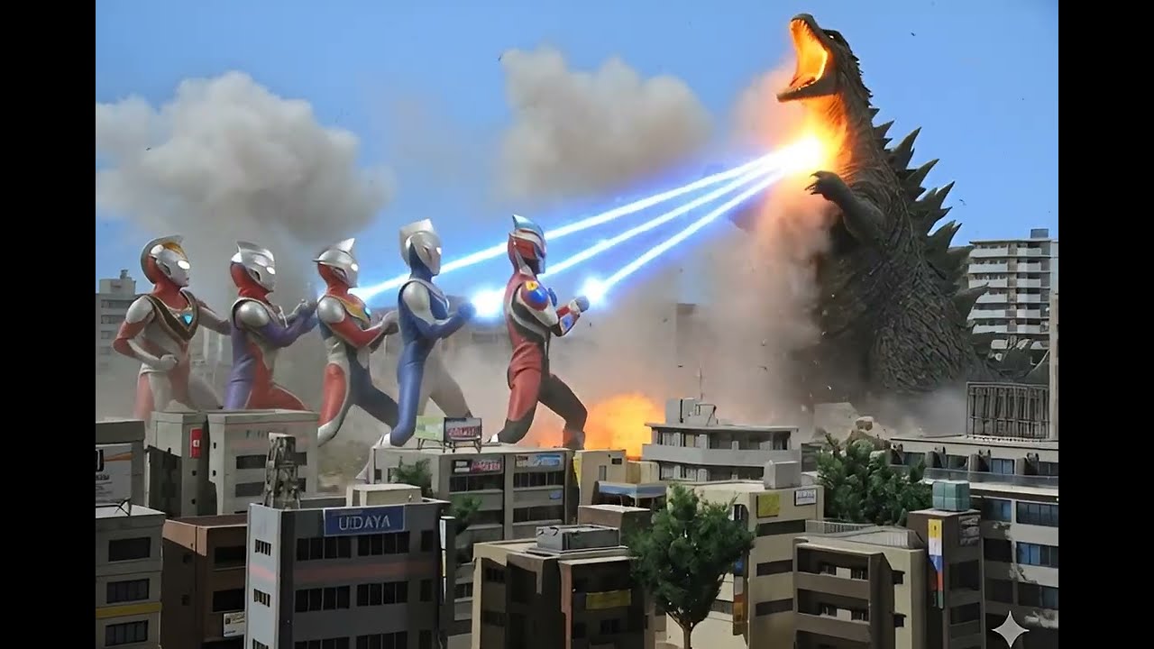 當奧特曼們同時登場，怪獸還能撐多久？「ウルトラマン全員集結、怪獣包囲！」“When the Ultramen unite… the monster stands no chance.”