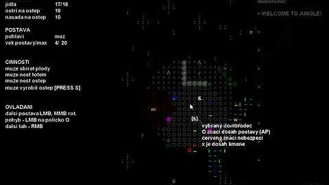 Gameplay of ASCII RPG with aborigins who going through the jungle following a river