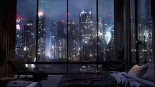 Tidur di Apartment di New York view kota yang indah di malam hari dengan suara angin & hujan