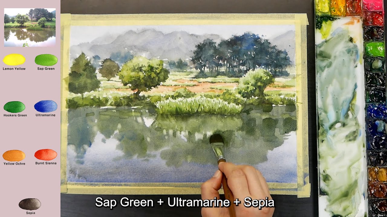 風景水彩画 24✖️27 Without Sketch Landscape Watercolor - Lake Scenery (2X speed