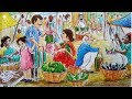 how to draw village market with pastel color,শীত কালের বাজার অঙ্কন,হাঁটের সিনারি,