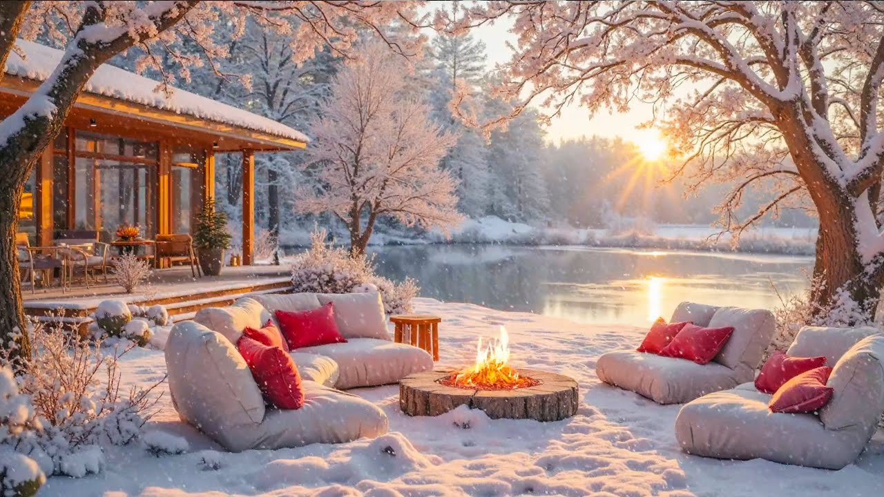 Snowfall Piano Music on the Winter Riverbank ❄️🔥 Crackling Fire, Cozy Chairs & Winter Ambience