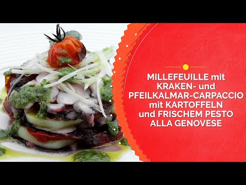Millefeuille mit Kraken- und Pfeilkalmar-Carpaccio mit Kartoffeln und Frischem Pesto alla Genovese