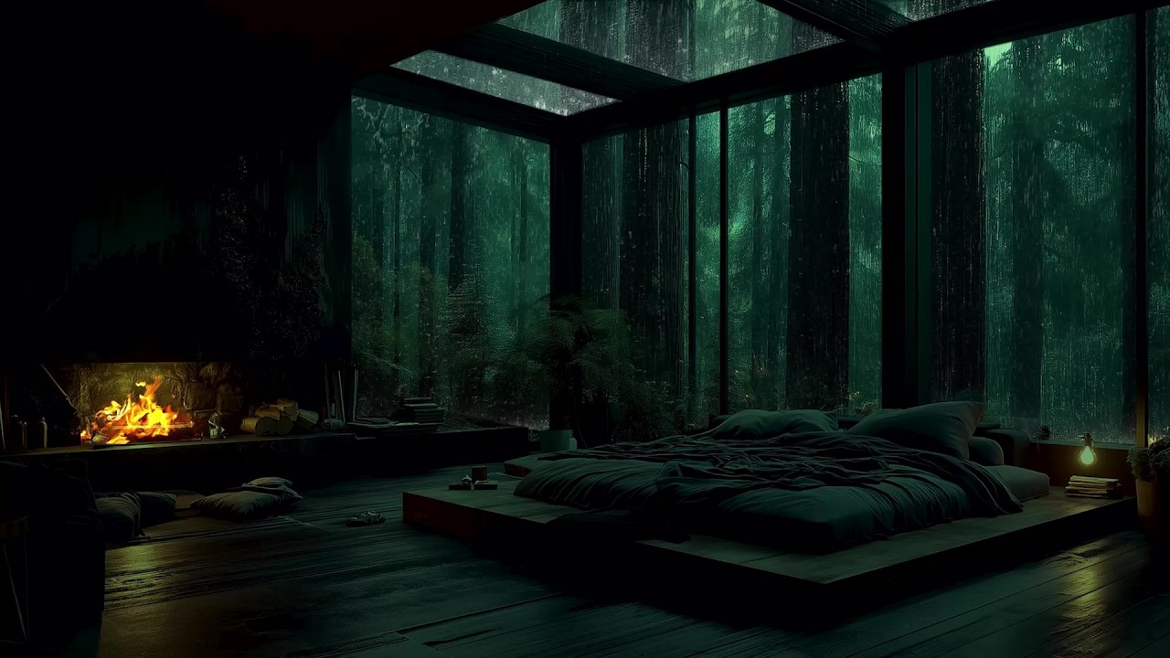 Sleep Instantly (No Ads) 🌧️🔥 Rainy Forest Retreat with Cozy Fire for Stress Relief