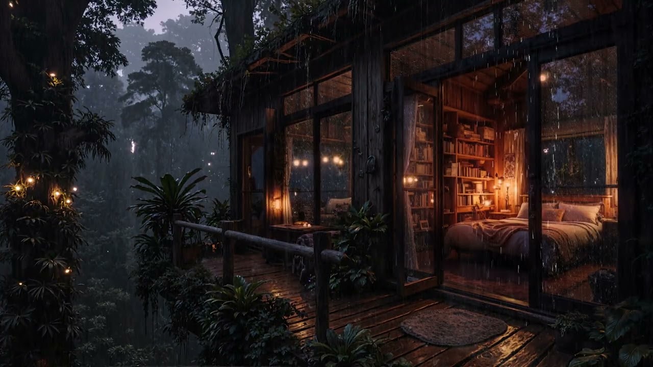 Soft Night Rain Drifting Over a Cozy Cabin in the Woods 🌧 | Calm Sleep Ambience