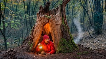 Building a Secret Warm Survival Shelter Under the Root of a Large Tree, Cozy Bushcraft Cave