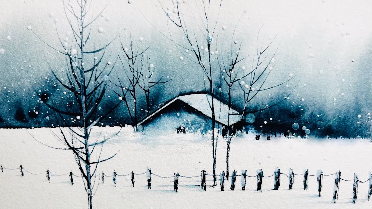 Watercolor Winter Cottage Painting | Snowy Landscape