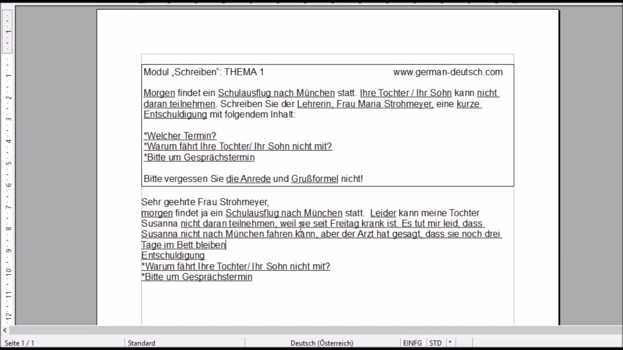 Deutsch Prüfung. Modul: "Schreiben" A 1, A 2, B 1 - Der ...