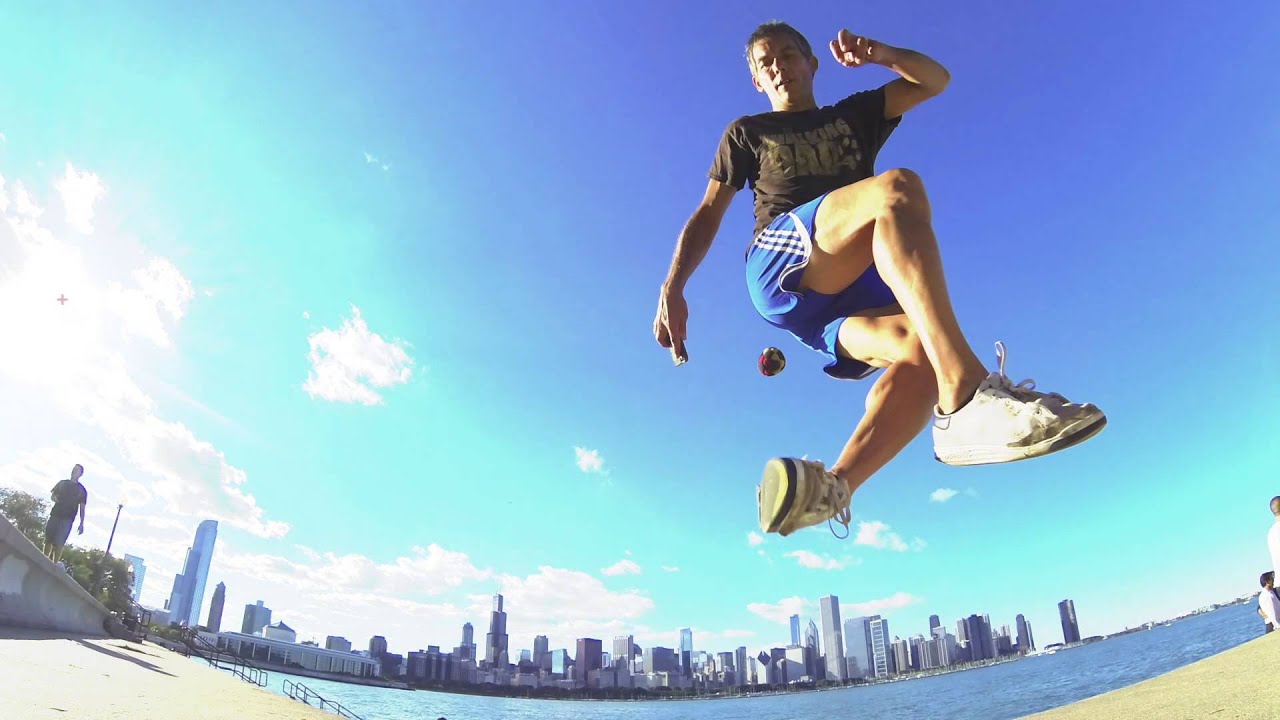 Mirrored freestyle footbag session with a view of Chicago YouTube