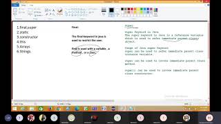 Final,Super,static and this keywords,Constructor,array and Strings and its operations in java