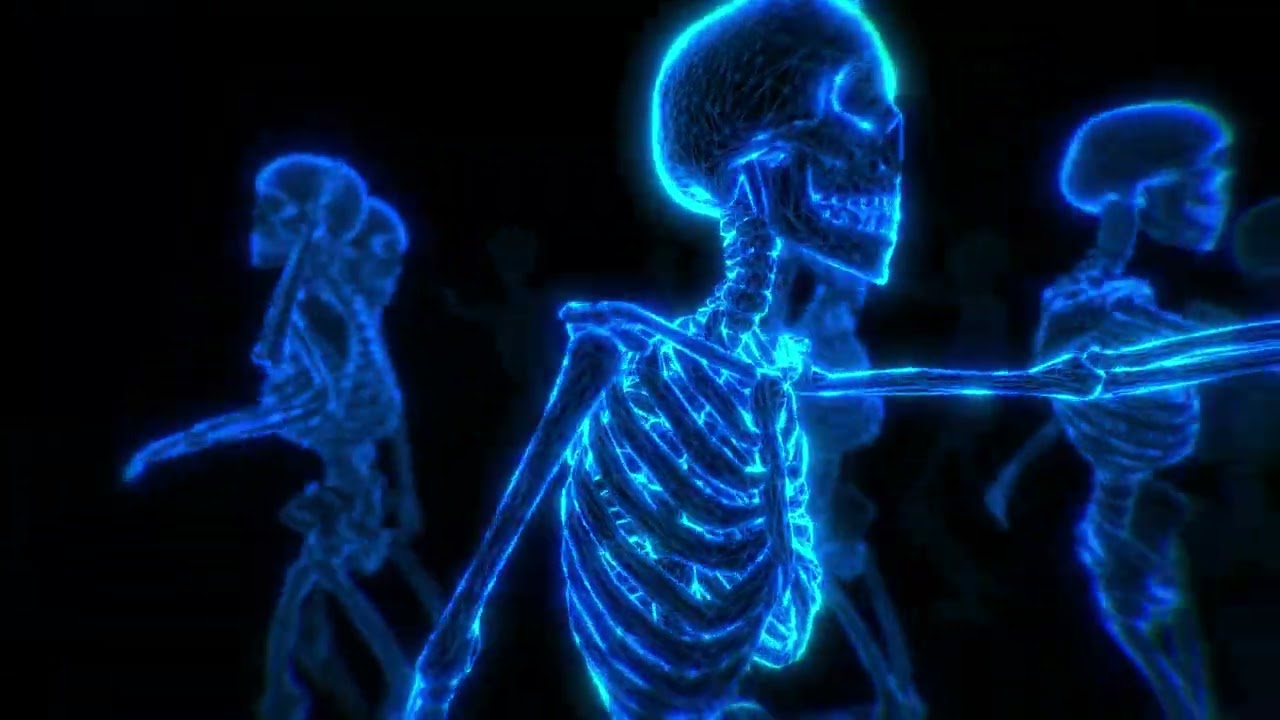 3 Hours Halloween Window Projection - Blue Neon Dancing Skeletons 4K