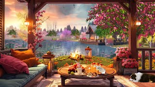 Spring Cozy Cabin Porch with Cherry Blossoms Trees Ambience, Relax with Birdsong& Peaceful Lakeshore