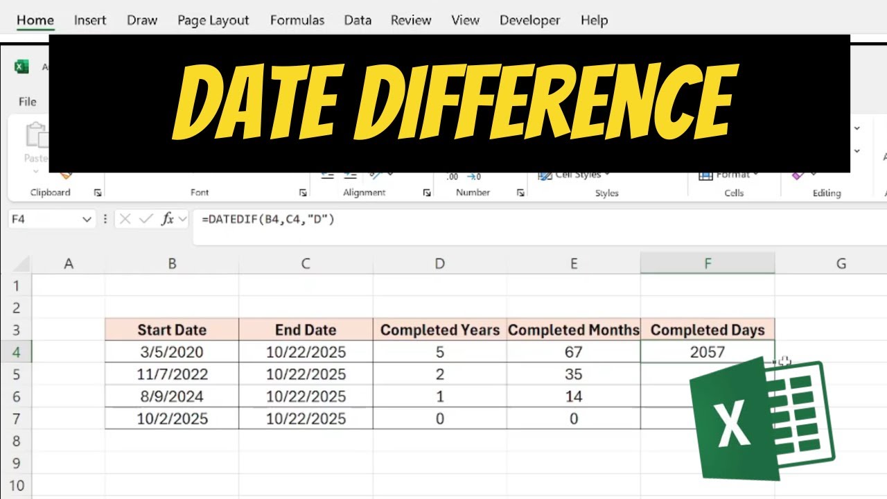 How To Calculate The Difference Between Two Dates In Excel - YouTube