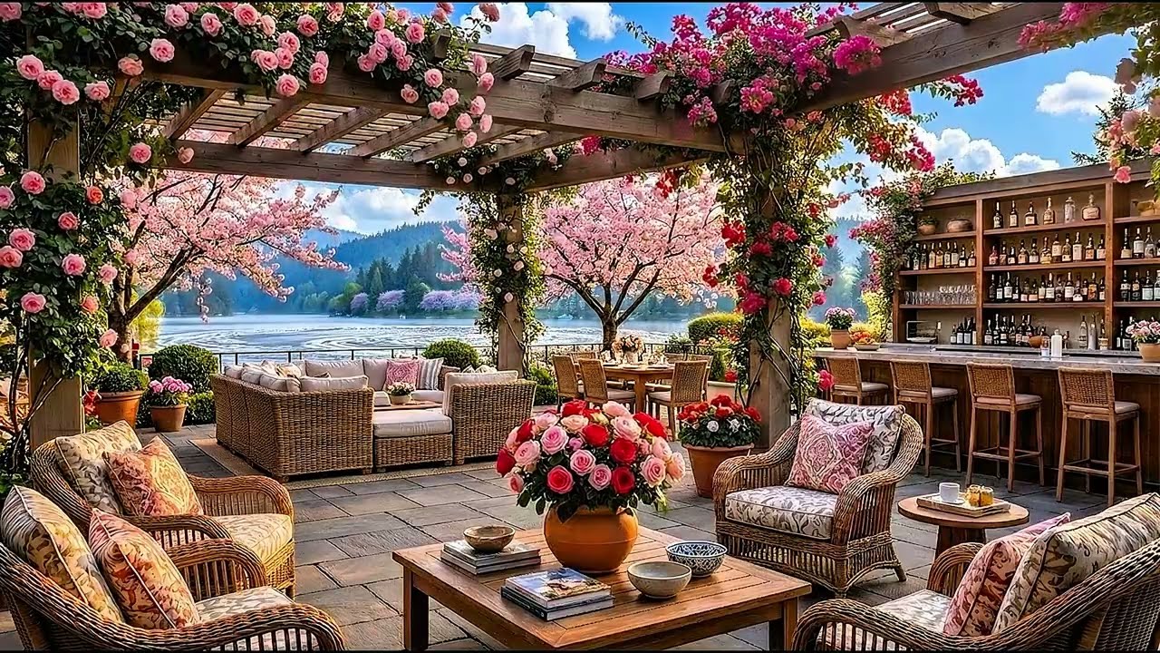 Morning Spring Jazz 🌸 Gentle Jazz Music at Cozy Outdoor Coffee Shop Ambience for Mood Booster, Study