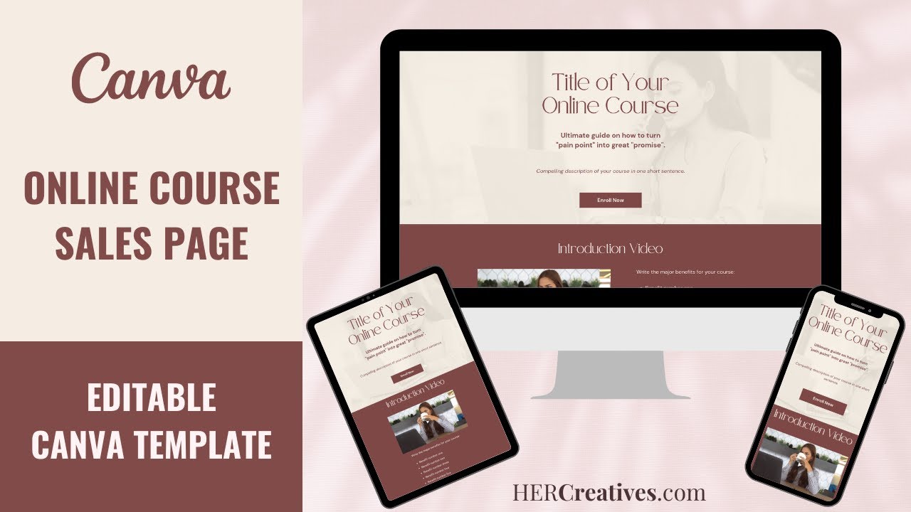 Online Course Sales Page Canva Template - Beige Brown