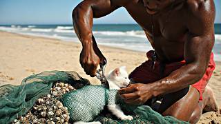 rescue animal :Amazing Rescue: Cutting Barnacle Fishing Net Off Trapped White Kitten