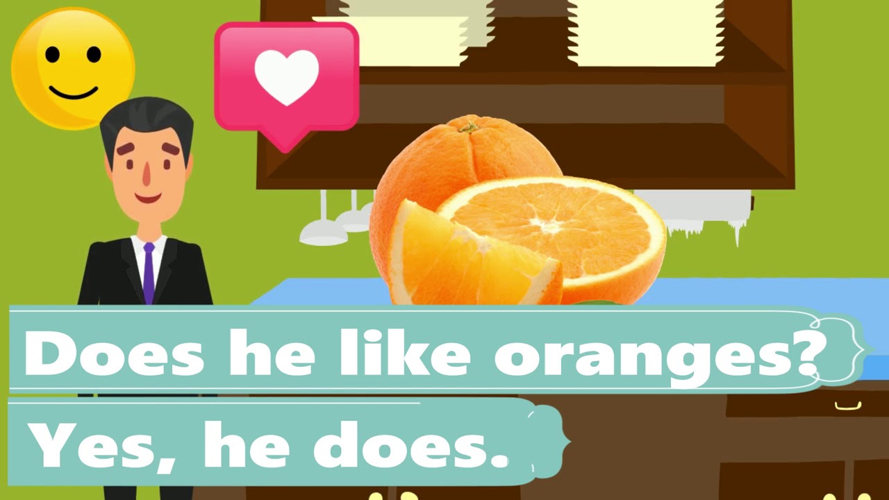 I like Oranges. Yes he does no he doesn't. Doesn't like Oranges. She doesn't like Bananas. She like bananas