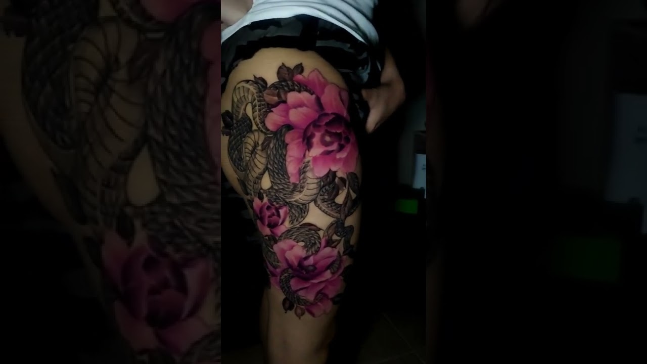 Snake Tattoo with Flower on Leg - Vhodic Bruno