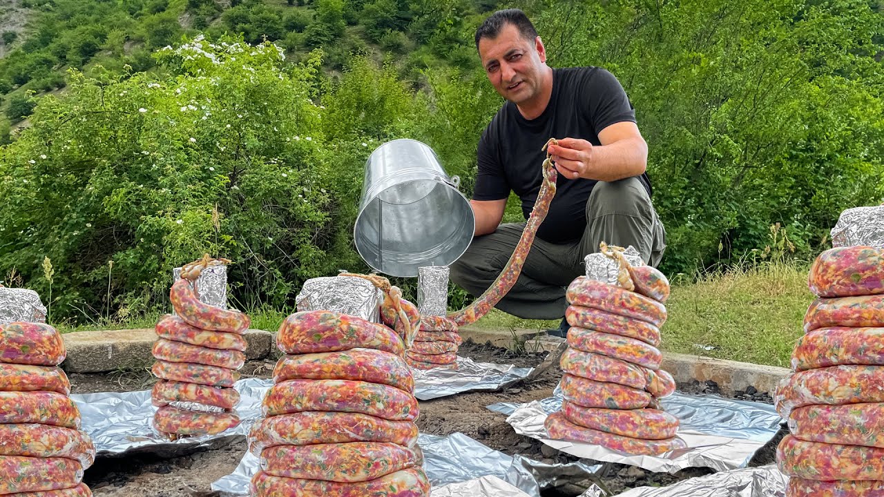 ⁣Homemade Juicy Sausages Cooked Under Buckets In The Village