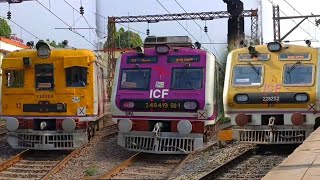 Different types of colourful Indian EMU local trains crossing at KONNAGAR station. 