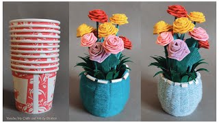 DIY paper cups hacks || Easy DIY woolen flower pot with flowers , DIY Basket