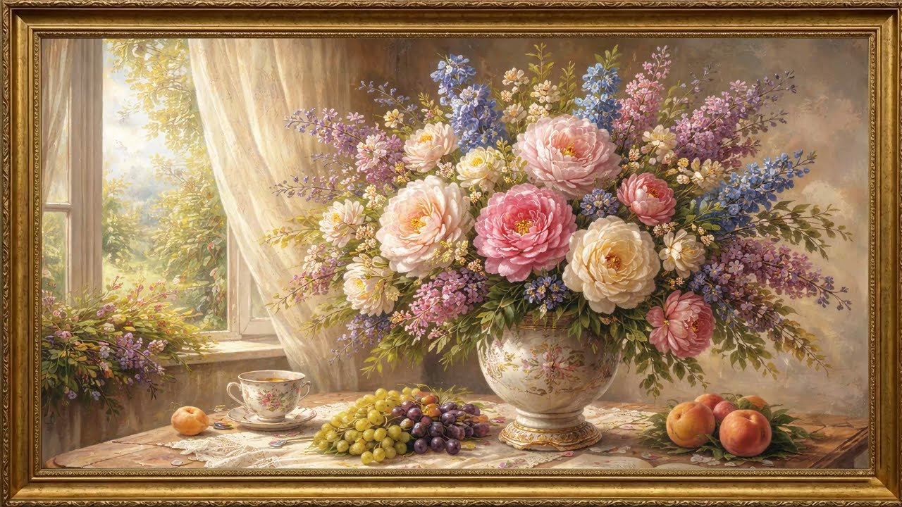 2 Hours Floral Table Oil Painting | Elegant Bouquet Still Life | Gold Framed 4K TV Art | Screensaver