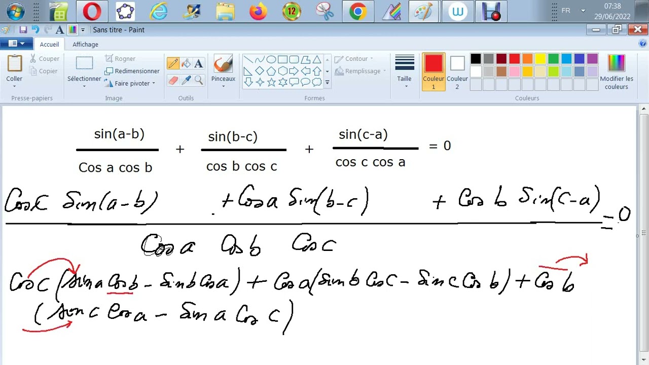 Trigo- Vérifier l'identité : sin(a-b)/cosa cosb +sin(b-c)/cos b cos c ...