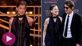 Rosamund Pike breaks down in tears as she pays tribute to her rarely-seen partner at Olivier Awards