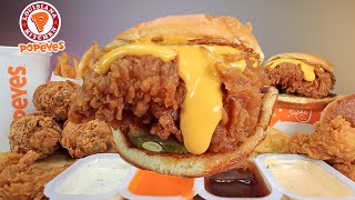 MUKBANG EATING POPEYES FRIED CHICKEN WITH EXTRA CHEESE, SPICY CHICKEN SANDWICH, CHICKEN TENDERS ASMR