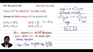For the given cell :  Cu(s) | 〖Cu〗^(2+) (C_1 M) || 〖Cu〗^(++) (C_2 M) | Cu(s) change in Gibbs energy