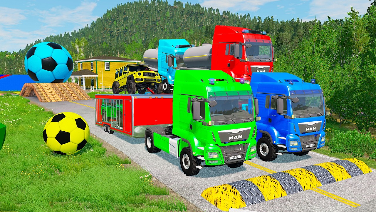 Flatbed Trailer McQueen Transportation with Truck - Speedbumps vs Cars vs Train - BeamNG.Drive #152