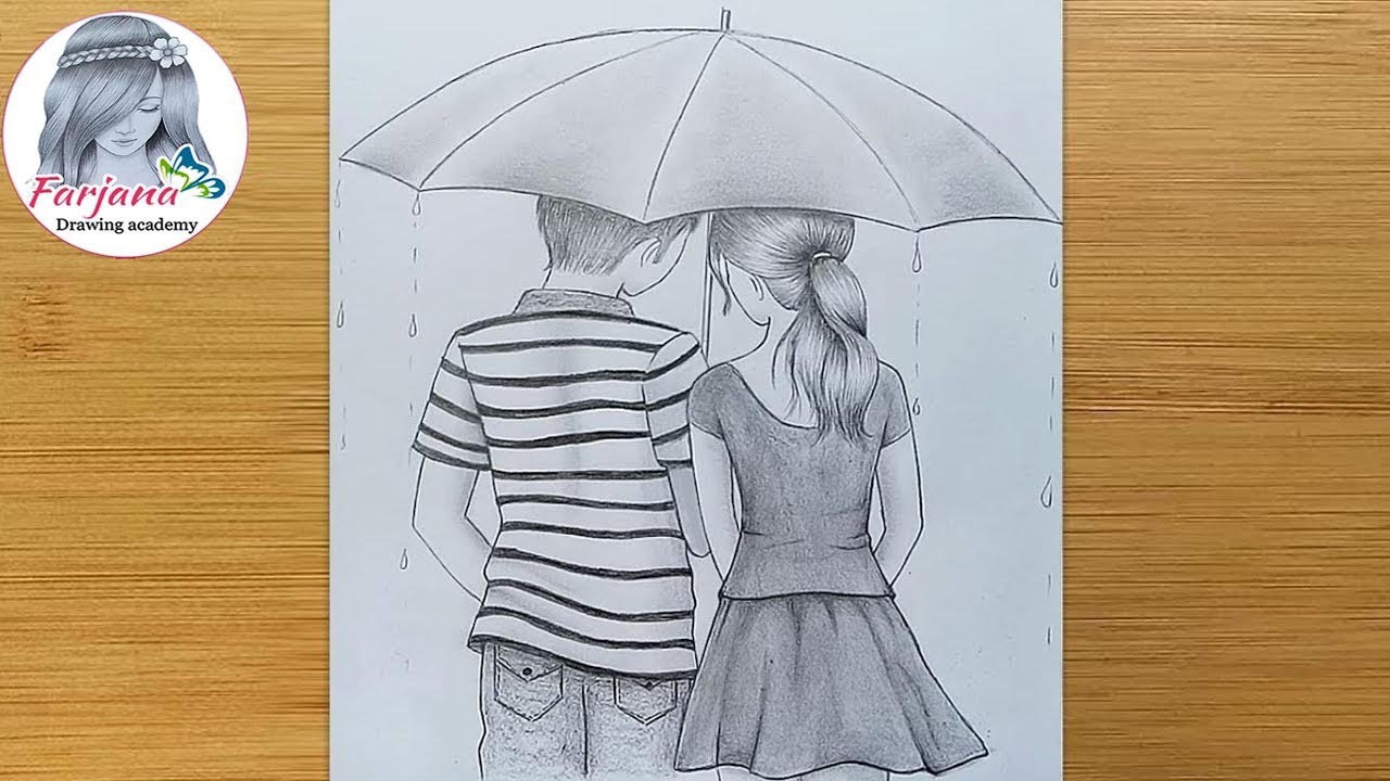 How To Draw Couple With Umbrella Step By Step Boy Girl Pencil Sketch