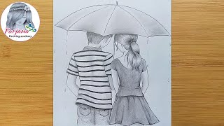 How to draw Couple With Umbrella - step by step || Boy & Girl Pencil Sketch