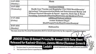 Jkbose class 10th ANNUAL/ pvt.Biannual 2026 Datesheet released #jkbose